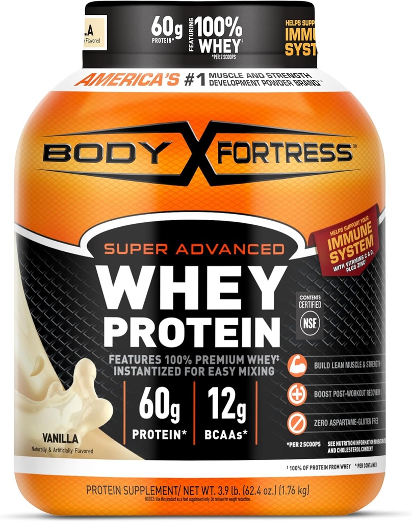 Body Fortress Super Advanced Whey Protein Powder, Vanille, Immune Support (1), Vitamines C & D Plus Zinc, 3,9 lbs.