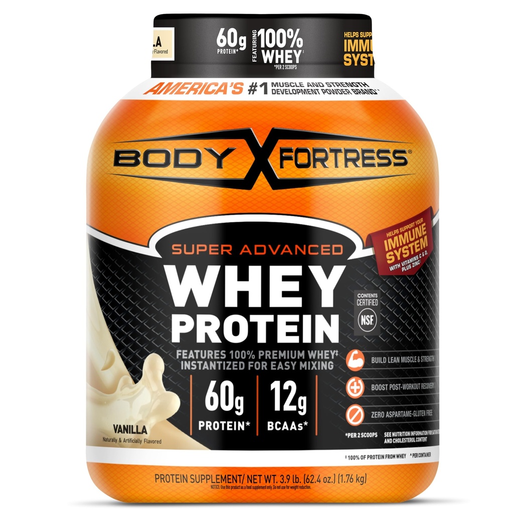 Body Fortress Super Advanced Whey Protein Powder, Vanille, Immune Support (1), Vitamines C & D Plus Zinc, 3,9 lbs.