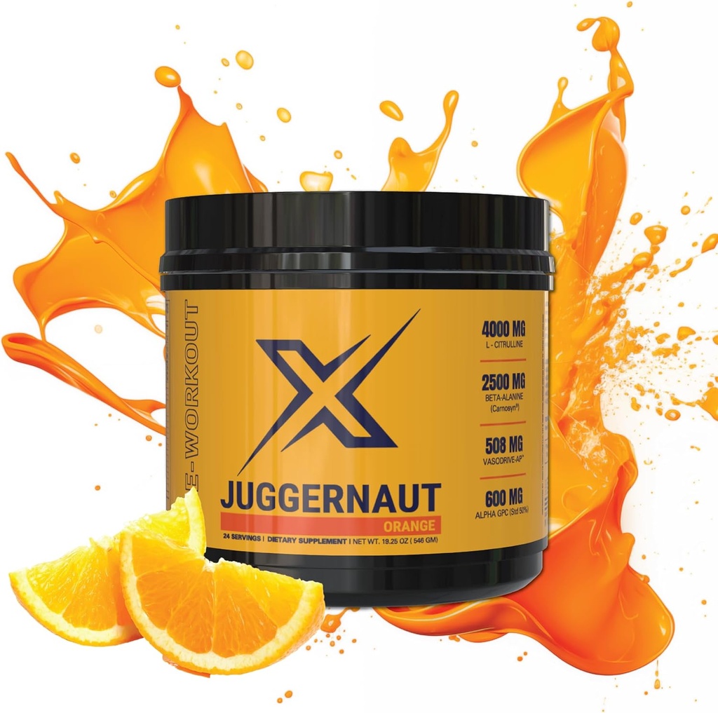 Juggernaut X Pre-Workout Supplément (Orange) - Boosts Strength, Endurance,Energy - L-Citrulline, Beta-Alanine, Créatine, Enhanced with VasoDrive for Blood Pressure Support - 30 Servants