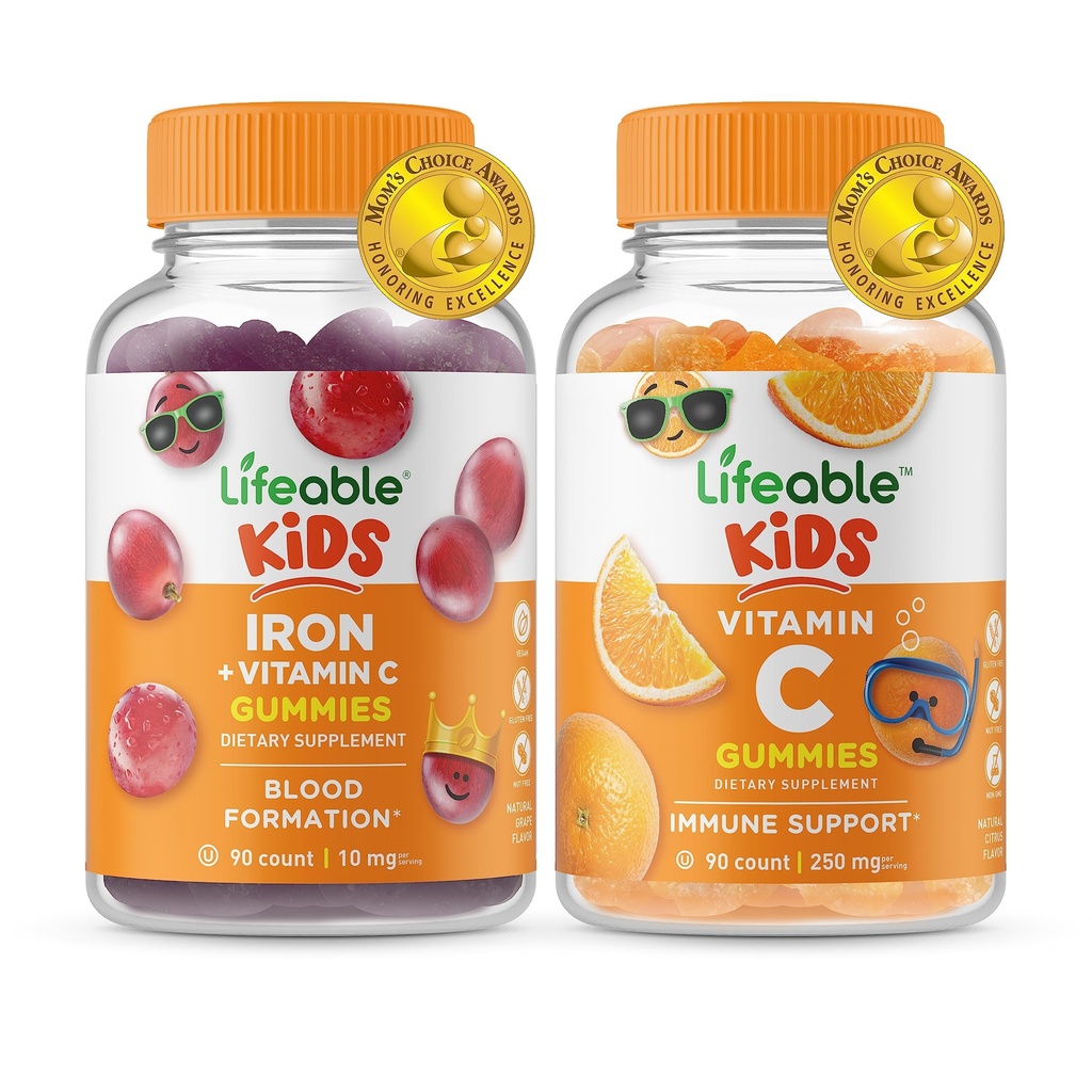 Fer et vitamine C vieables Enfants + Vitamine C Enfants, Gommies Bundle - Grande dégustation, supplément de vitamine, sans gluten, sans OGM, gommy à croquer