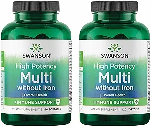 Swanson Multi Sans Iron Multivitamin Supplément Santé Sans Fer Formule 120 Softgels Sgels (2 Pack)