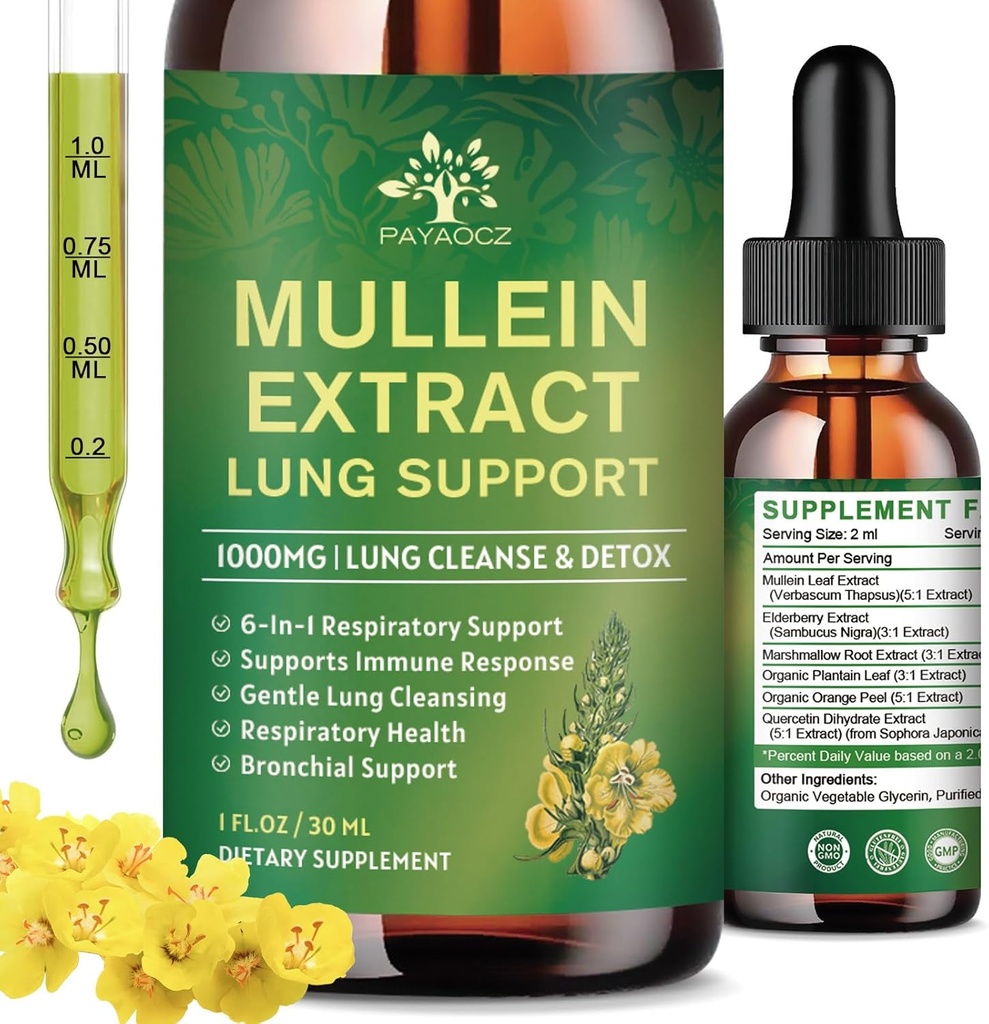 (2 Pack) 6 En 1 gouttes de Mullein pour les poumons, Teinture d'extrait de feuille de Mullein biologique pour les poumons, nettoyage de détox et respiratoire pour la santé respiratoire, supplément d'huile de Mullein Imune Support, Vegan, 1 Fl Oz