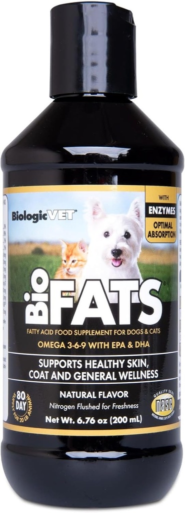 BiologicVET BioFATS - Contient des Omégas 3, 6 et 9 - avec EPA, DHA et ALA - pour chien et chat - Skin & Joint Health Support - Comprend poisson, lin et huile d'olive - 6,76 fl. oz.