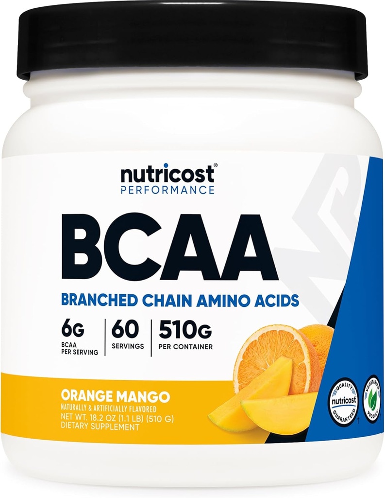 Nutricost BCAA poudre (Orange Mango, 60 portions) - 2:1:1 Rapport optimal, sans gluten, non OGM, végétarien