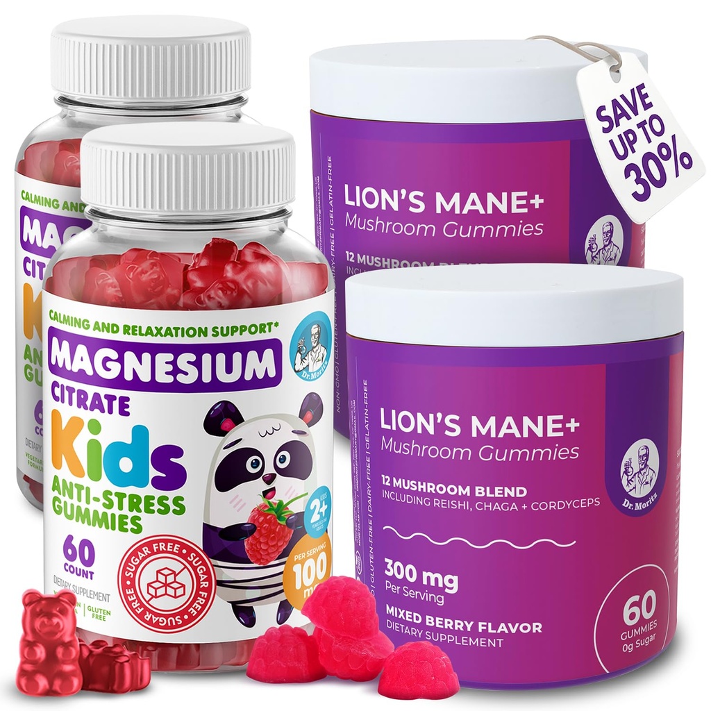 DR. MORITZ Lions Mane Mushroom Gummies (60 Count, 2 Pack) and Calm Magnesium Gummies for (60 Count, 2 Pack) - Focus & Relaxation Support - Non-GMO Lions Mane Supplement - Raspberry Magnesium for Kids