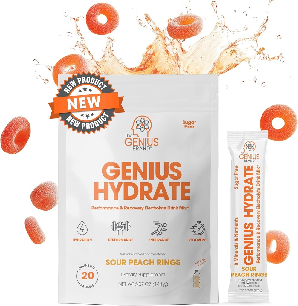 La marque Genius Genius Hydrate - Supplément électrolytique pour l'hydratation quotidienne - Eau de coco - Sans sucre - 8 minéraux et nutriments essentiels - Non-OGM - Anneaux de pêche acides - 20 portions