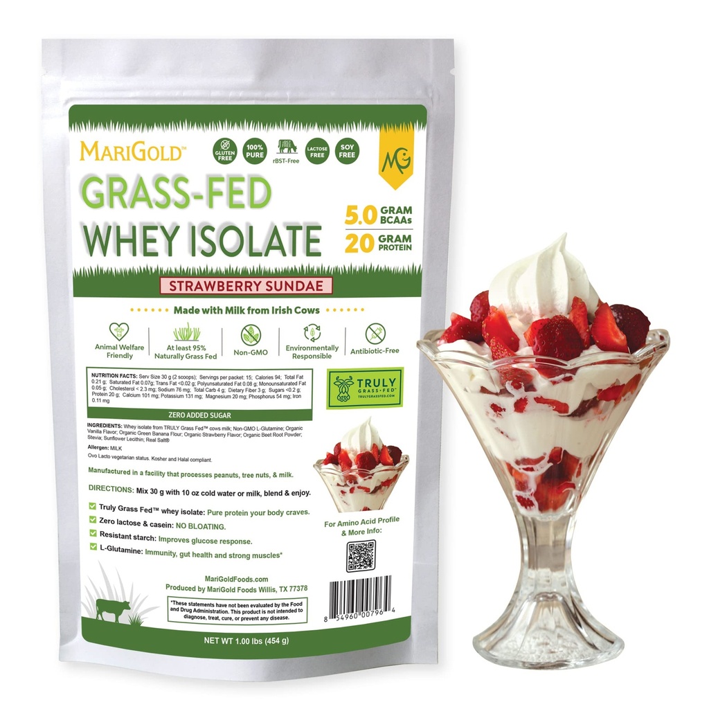 MariGold Grass-fed Whey Protein Isolate Powder - Strawberry Sundae Flavor - 1 Lb Bag | 100% Pure, Cold-Processed, Micro-Filtered, Undenatured, Non-GMO, rBGH Free, Soy Free, Gluten Free, Lactose Free