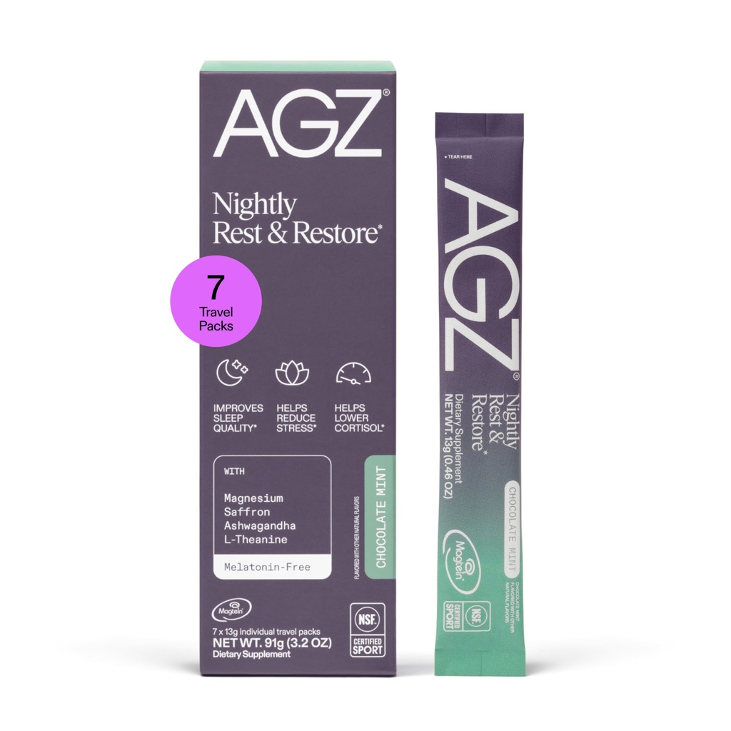 AG1 AGZ Sleep Drink – 7-Count Travel Pack, Calming Sleep Aid Powder, Melatonin-Free Nighttime Blend with Magnesium, Ashwagandha, Saffron & Valerian – Herbal & Adaptogen Drink Mix (Chocolate Mint)