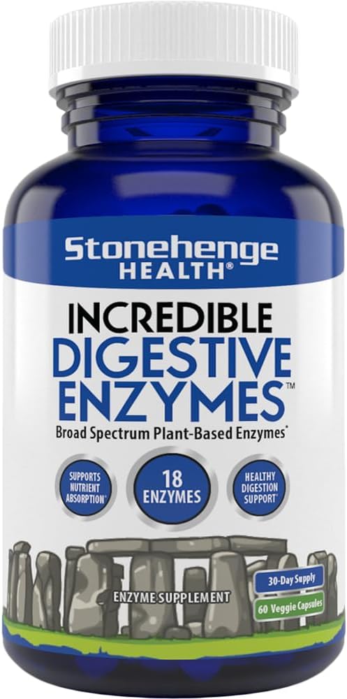 Stonehenge Santé Incredible Enzymes digestifs - 18 Enzymes à base végétale - Lipase, Lactase, Protease, Amylase, Bromelain pour gaz, Bloating, Fatigue (1)