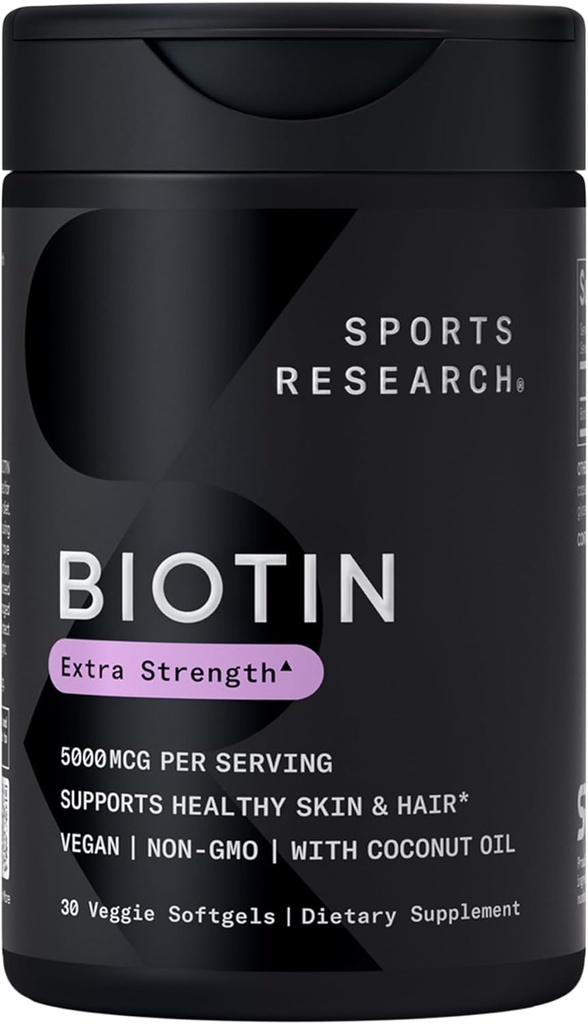 Sports Research® Biotine 5 000mcg à l'huile de noix de coco biologique - Biotine (Vitamine B7) pour une peau et des cheveux sains* - pour les femmes et les hommes - Vegan, non-OGM, sans gluten et sans soja - 30 softgels végétariens