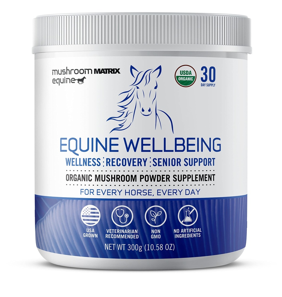 Om Matrice de Champignons - Hippodrome de Bien-être aux États-Unis Grown Human-Grade Bio Mushroom Powder Show Safe Horse Supplement, Wellness, Recovery, & Senior Support