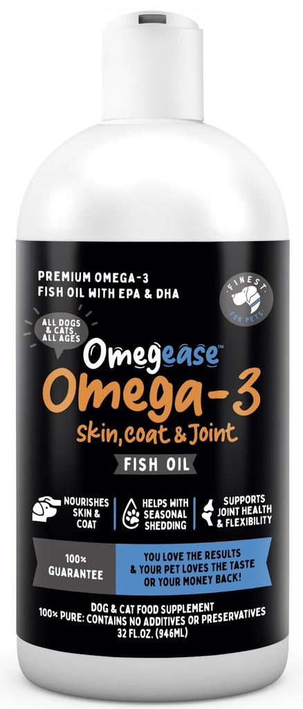 Huile de poisson Omegease pour chiens et chats - Plus fine pour les animaux de compagnie Omega 3 pour chats et chiens - Supplément pour la peau et le manteau, démangeaisons, moulures, articulations et santé immunitaire - 100% huile de poisson Omega pur avec EPA et DHA (32 oz)