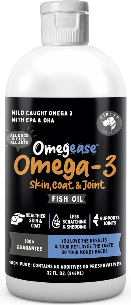 Huile de poisson Omegease pour chiens et chats - Plus fine pour les animaux de compagnie Omega 3 pour chats et chiens - Supplément pour la peau et le manteau, démangeaisons, moulures, articulations et santé immunitaire - 100% huile de poisson Omega pur avec EPA et DHA (32 oz)