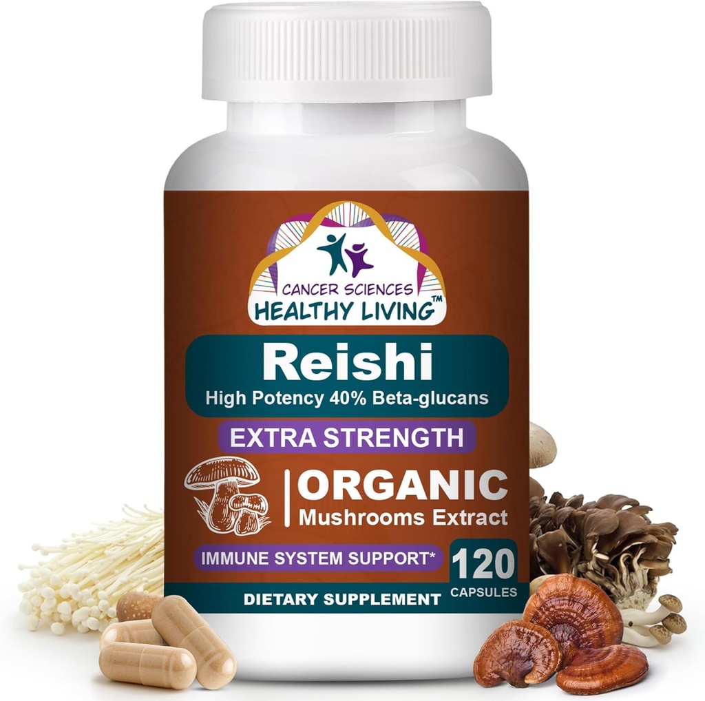 SCIENCES DE CANCER Reishi Wellness Complément de champignons Capsules, extrait de champignons biologiques certifiés USDA, force supplémentaire 1 500 mg, puissance élevée 40% Beta-Glucans, immunosupport, anti-âge, 120 capsules