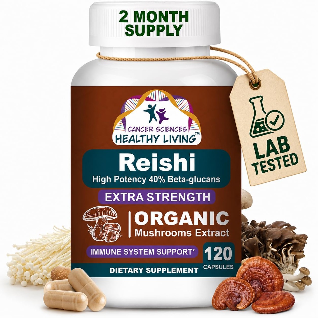 SCIENCES DE CANCER Reishi Wellness Complément de champignons Capsules, extrait de champignons biologiques certifiés USDA, force supplémentaire 1 500 mg, puissance élevée 40% Beta-Glucans, immunosupport, anti-âge, 120 capsules