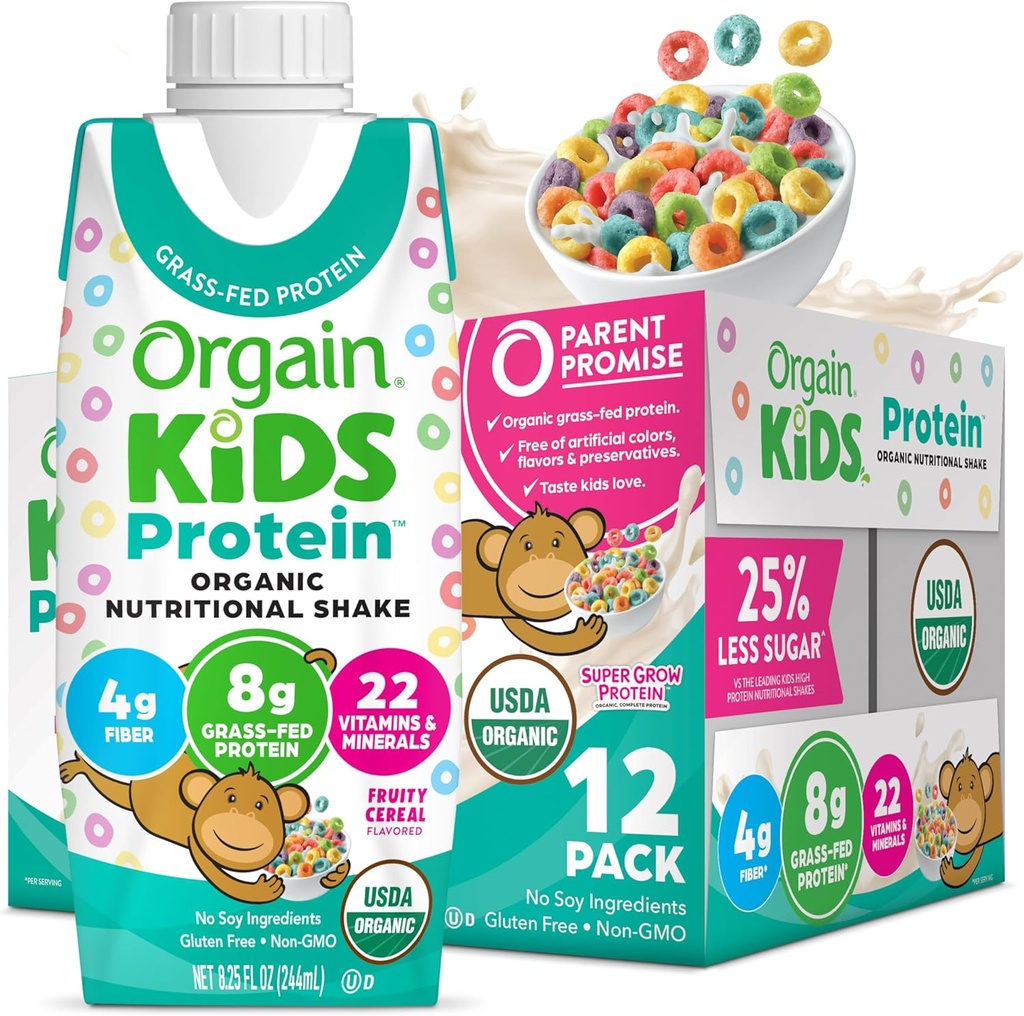 Mélange de protéines nutritives, céréales fruitées - Snacks pour enfants avec 8g de protéines laitières, 22 vitamines et minéraux, fruits et légumes, sans gluten, sans soja, sans OGM, 8,25 Fl Oz (paquet de 12)
