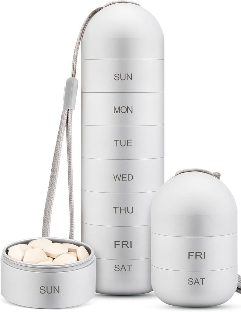 Zannaki Metal Moisture Proof Weekly Pill Organizer, Stackable Aluminium Alliage BPA Voyage libre Randonnée 7 jours Pill Box Case étanche et grand compartiment pour tenir les pilules, vitamines, huile de poisson, suppléments
