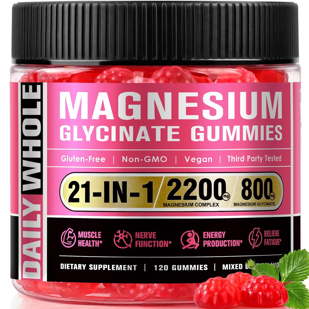 Magnesium Glycinate Gummies 21 in 1, 2200MG Magnesium Complex with Glycinate, Malate & Vitamin B12, High Absorption&Advanced Supplement,Third-Party Tested,120 Gummies