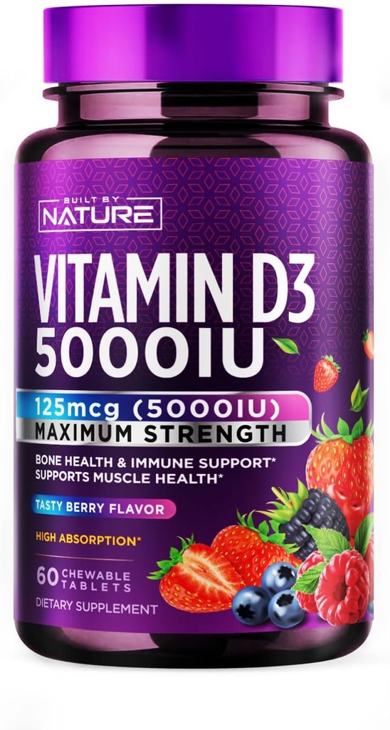 Construit par la nature Vitamine à croquer D3 5000 UI - Supplément vitamine D Chews – Sans sucre et saveur de baie naturelle - 60 comprimés