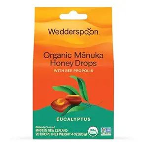 Wedderspoon Organic Manuka Miel Drops, Eucalyptus & Bee Propolis, 20 Comte (4oz) (Pack de 1)