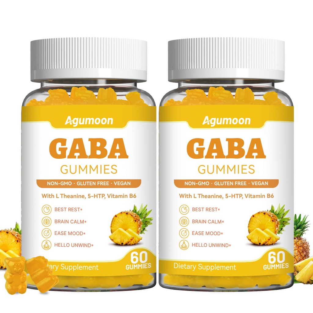 2 Pack GABA Gummies for Women & Men - Sugar-Free GABA Supplement Gummies with L-Theanine, 5-HTP, Ashwagandha, Magnesium Glycinate, Vitamin B6, Vitamin D3 - Pineapple Flavor, Vegan, 120 Gummies