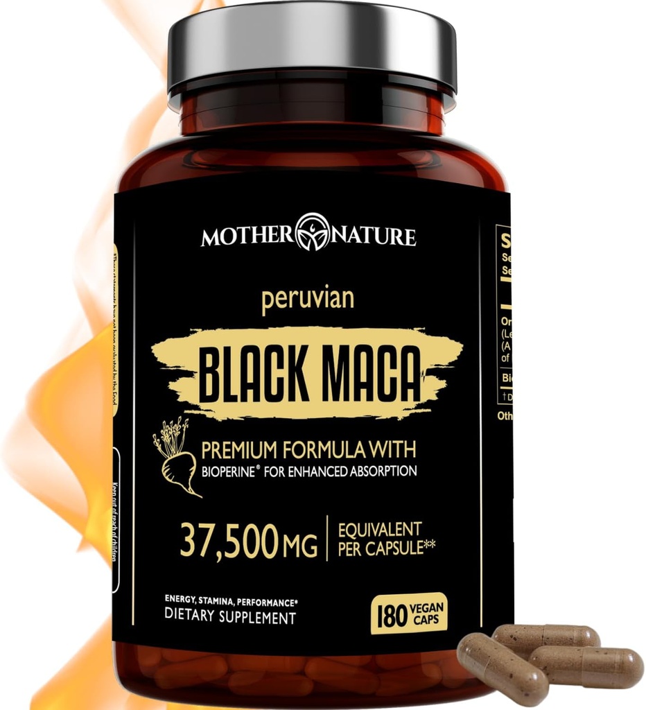 Black Maca Root 50:1 Extrait 37 500mg – 180 Capsules Bio Péruvien Maca Peruana Supplément pour les hommes