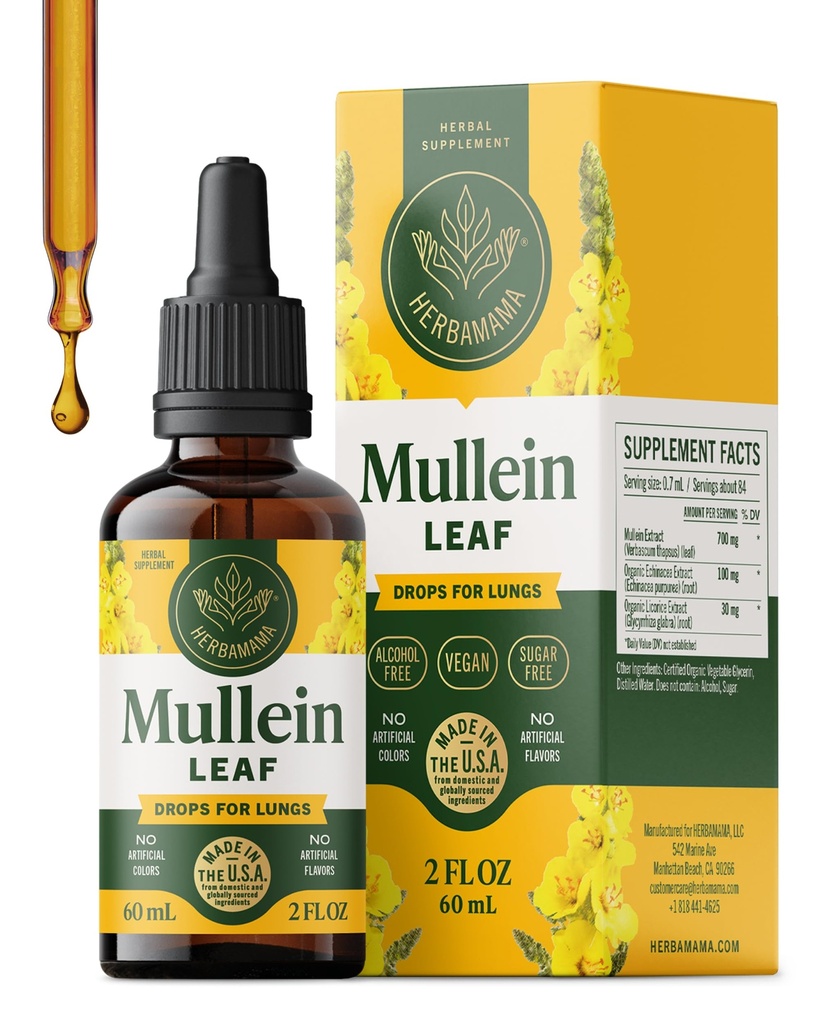 HERBAMAMA Mullein gouttes pour les poumons - Vegan Mullein Leaf Extract for Lungs Cleanse Support - Supplément respiratoire sans OGM, sans alcool et sans sucre, 28 jours d'approvisionnement