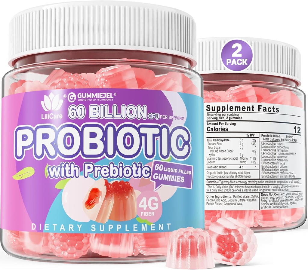 2Pack Probiotics + Prébiotiques Gummies Sans sucre 60 Million CFU, 11 souches Probiotiques remplis de gummies pour les femmes hommes santé digestive et la santé de Gut, soutient la constipation, la diarrhée, le gaz et le blottis