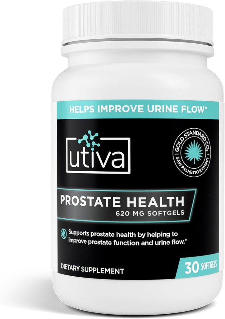 Utiva Prostate Health - Formule naturelle pour la fonction saine et le flux urinaire - Supplément prostate pour les hommes - Beta-Sitostérol et Saw Palmetto pour les hommes - 30 Softgels
