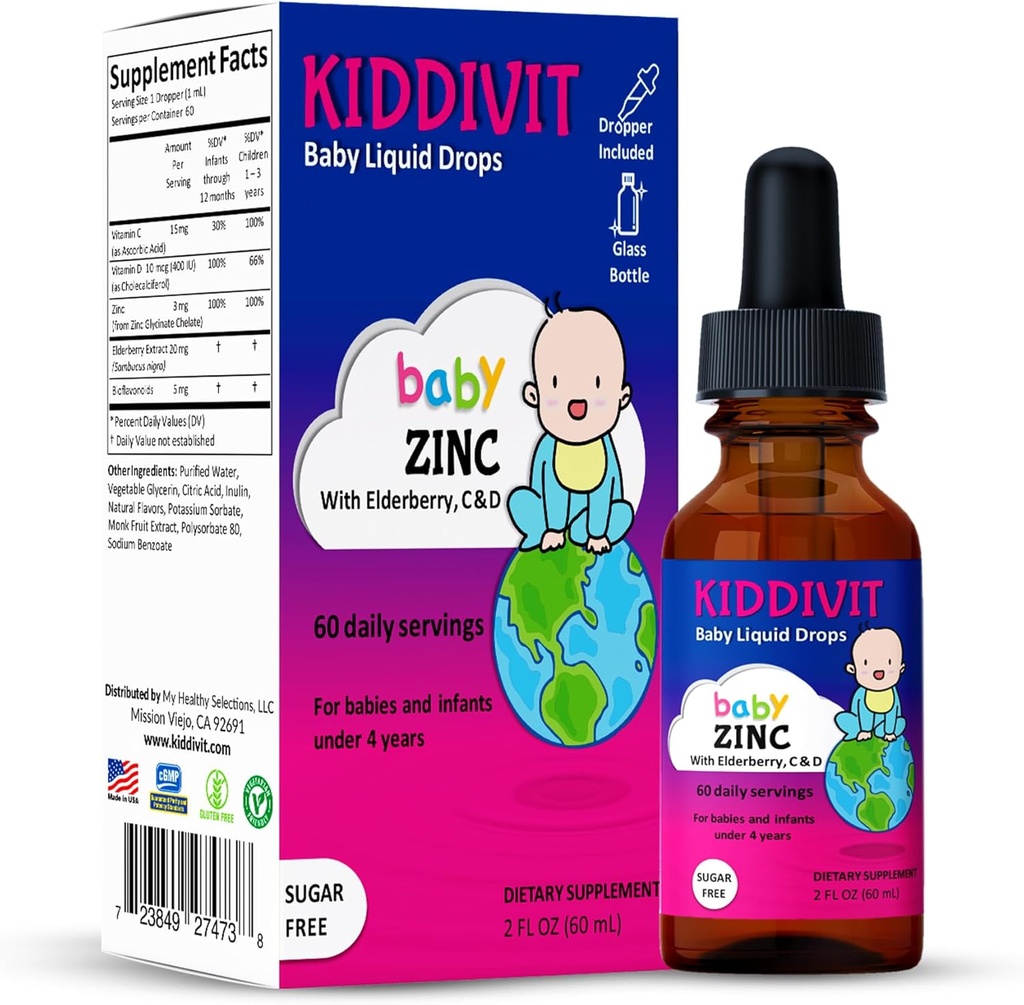 Kiddivit Baby Zinc gouttes liquides avec Elderberry, Vitamine D3 & C – Supplément doux de soutien immunitaire – 60 portions quotidiennes, Inuline riche en fibre prébiotique – sans sucre, sans gluten, végétarien, 2oz