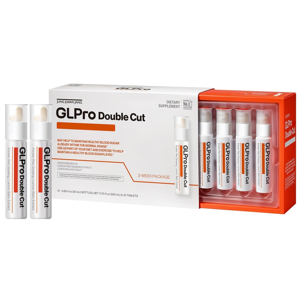 JUNG KWAN JANG GLPro-Double Cut - Pre & Post Workout Booster, GLP-1 Support for Men and Women - Korean Red Ginseng & Prebiotics (21 Count:1 Vial of Liquid + 2 Tablets)