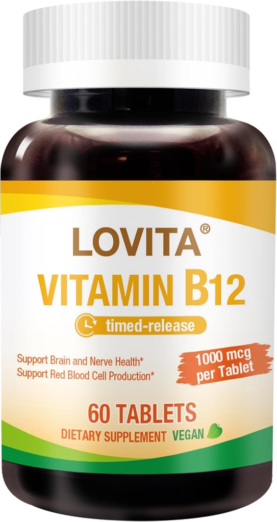 Lovita Vitamine B12 1000 mcg (B12 Vitamines sous forme de cyanocobalamine), sortie chronométrée B12, végan-friendly, soutient le système nerveux, 60 comprimés végétariens (2 mois d'approvisionnement)