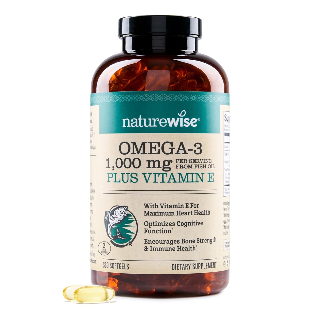 NatureWise Extra-Strength Omega 3 Fish Oil Supplement - 1000mg per Serving - 600 EPA & 400 DHA and Vitamin E - Support for Heart & Brain Health - Lemon Flavor, GMO-Free - 360 Softgels[6-Month Supply]