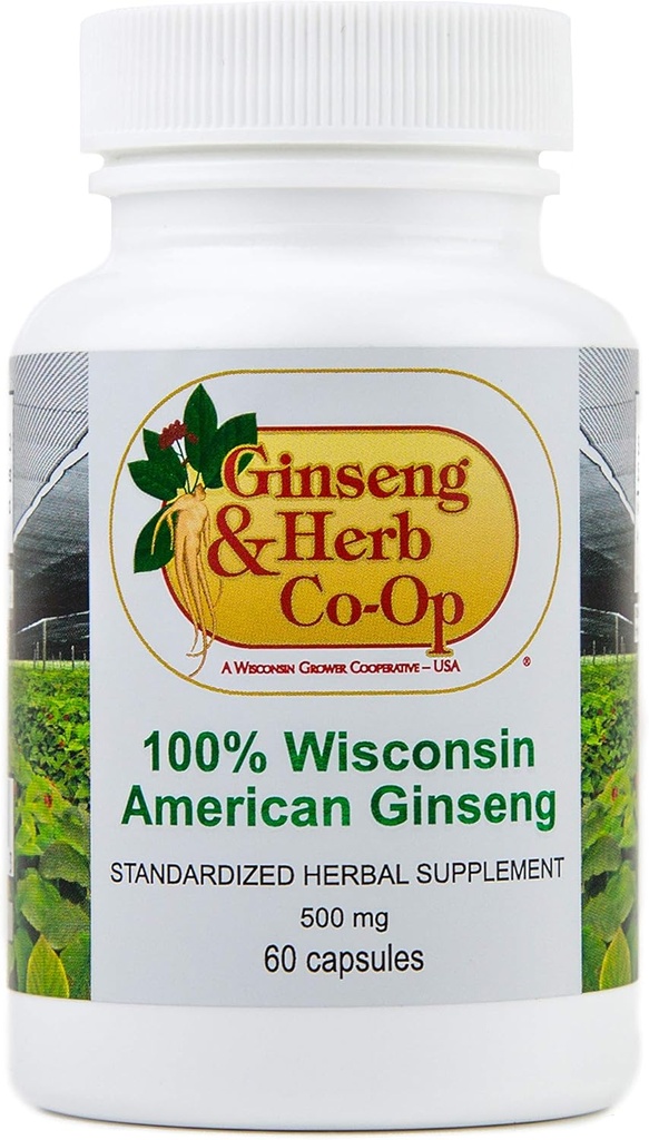 Ginseng américain 100% Wisconsin pur - 500mg. Authentique Panax Quinquefolius. Racine de ginseng au sol - Pas de remplissage, de reliure ou d'autres additifs.
