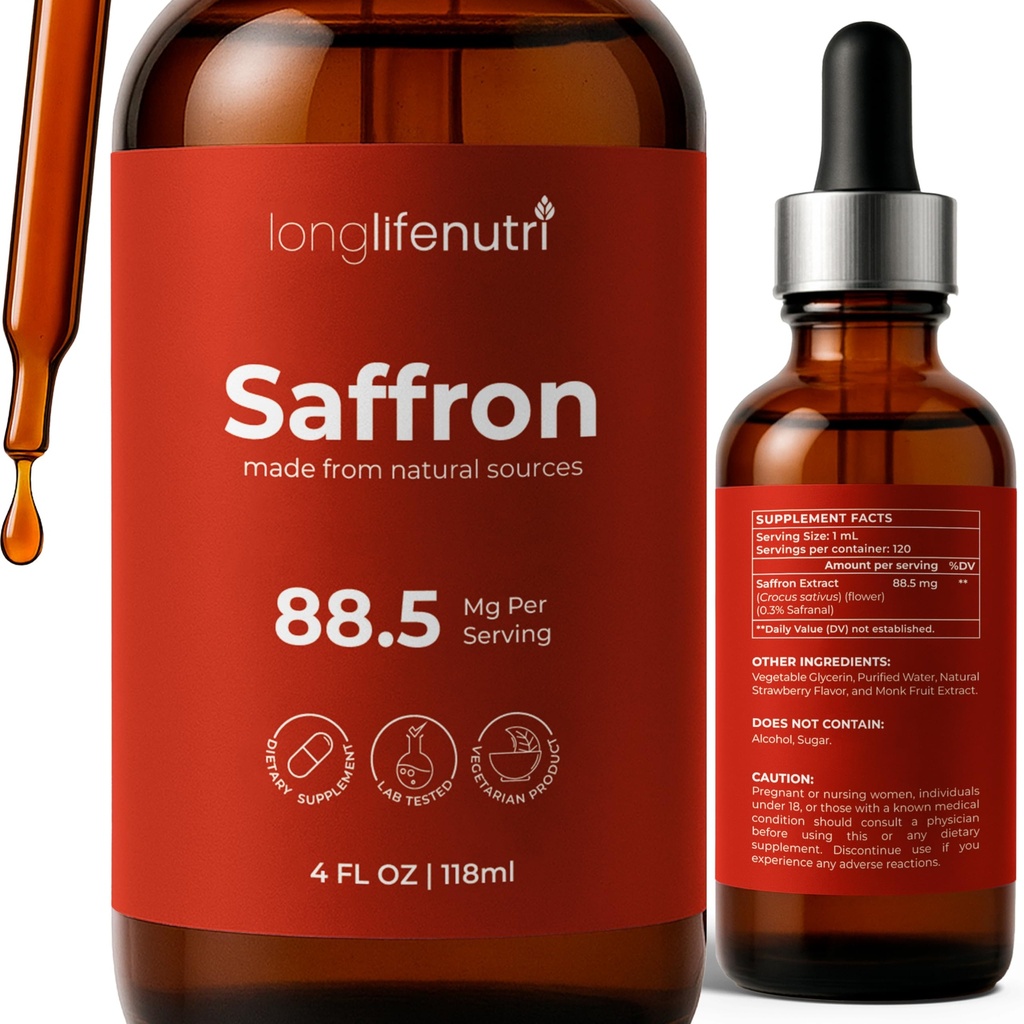 LongLifeNutri Saffron Extract Drops, 4 Fl Oz Liquid Supplement, 88.5 Mg Herbal Formula, Skip Capsules, Simple Dropper Format, Flexible Daily Ritual, Botanical Wellness Made Easy for Busy Routines