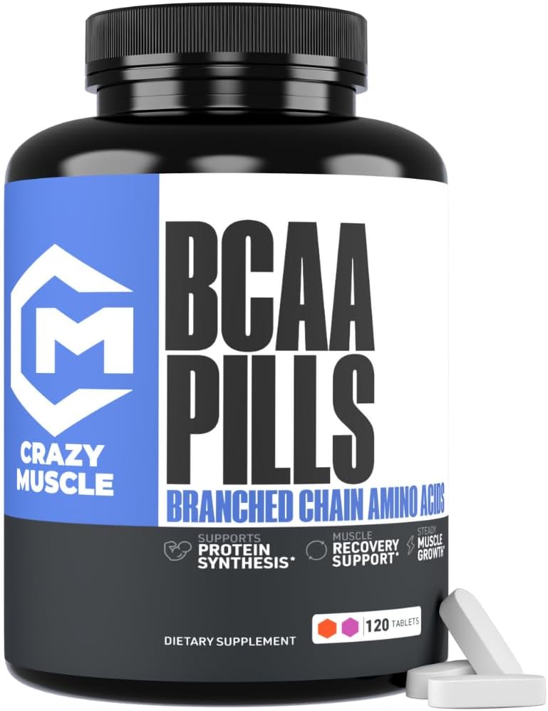 Crazy Muscle BCAA Pills avec le ratio parfait 2:1:1 des acides aminés à chaîne ramifiée supplément, 1000mg de BCAA par pilule (Mieux que les capsules), 120 comprimés