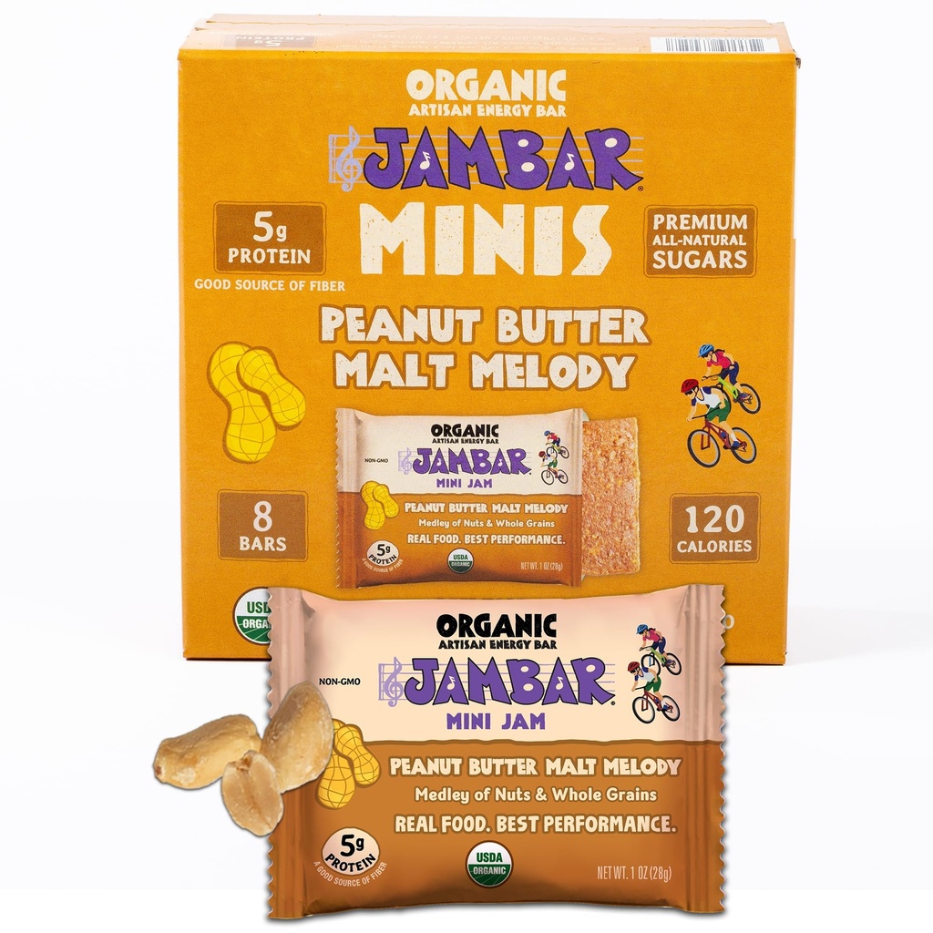 JAMBAR Mini Energy Bars, Organic Protein Bars, Peanut Butter Snack Bar, 5g Protein, Healthy Snacks, For Adults and Kids, USDA Organic, No Artificial Sweeteners, Peanut Butter Malt Melody, 8-Pack