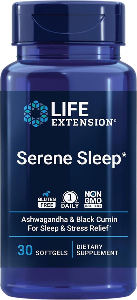 Durée de vie Séréne Sommeil – Ashwagandha, Cumin noir – Supplément sommeil, Calme, Relaxation, Soutien sommeil Sans Melatonine – Une fois par jour, sans gluten, sans OGM – 30 Softgels