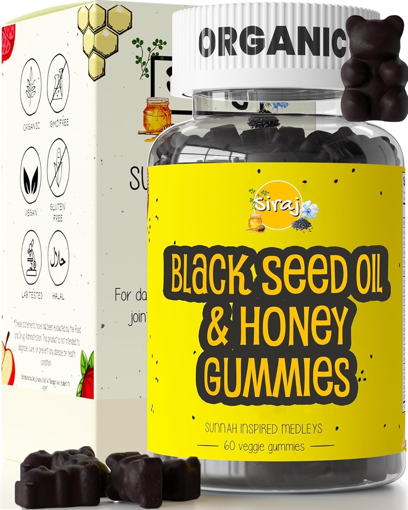 Huile de graine noire biologique de Siraj Gummies w/Honey &15% Thymoquinone - Multivitamine pour le soutien immunitaire, anti-stress Vitamines gommy - Turcuma, vinaigre de cidre de pomme, Gummies multivitamine