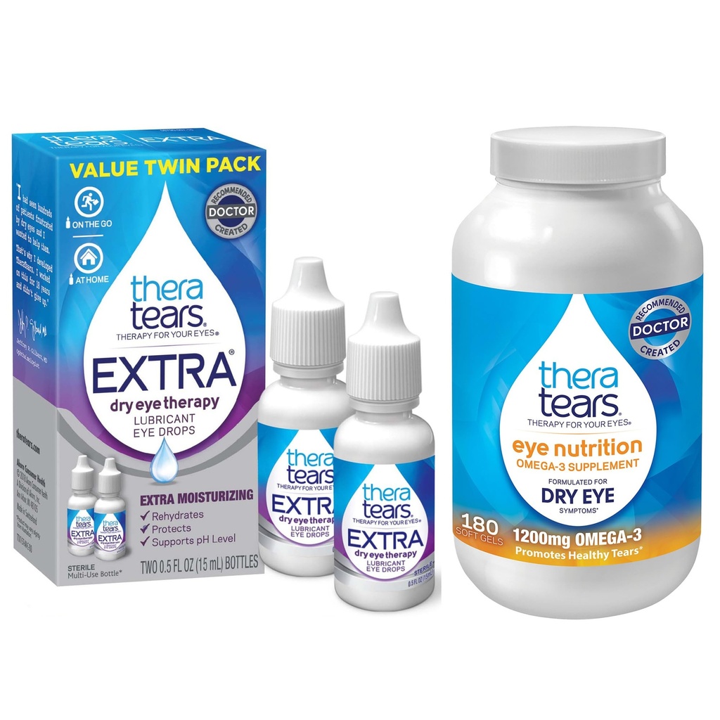 TheraTears 1200mg Omega 3 Supplément pour la nutrition des yeux, Triglycéride de lin biologique Huile de poisson et vitamine E, 180 Compte avec Thera Larmes gouttes pour les yeux secs, 0,5 Fl Oz, 15 Ml, 2 Pack