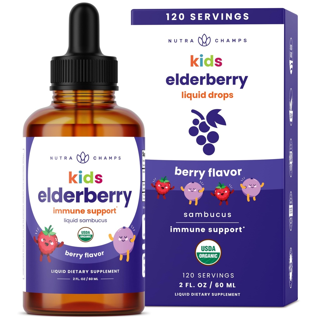 NutraChamps Black Elderberry pour les enfants gouttes liquides, 10:1 extrait Sambucus Sirop de baies aînées pour les enfants, sans sucre européenne gouttes de baies aînées Berry Flavor, soutien immunitaire, 4 mois d'approvisionnement