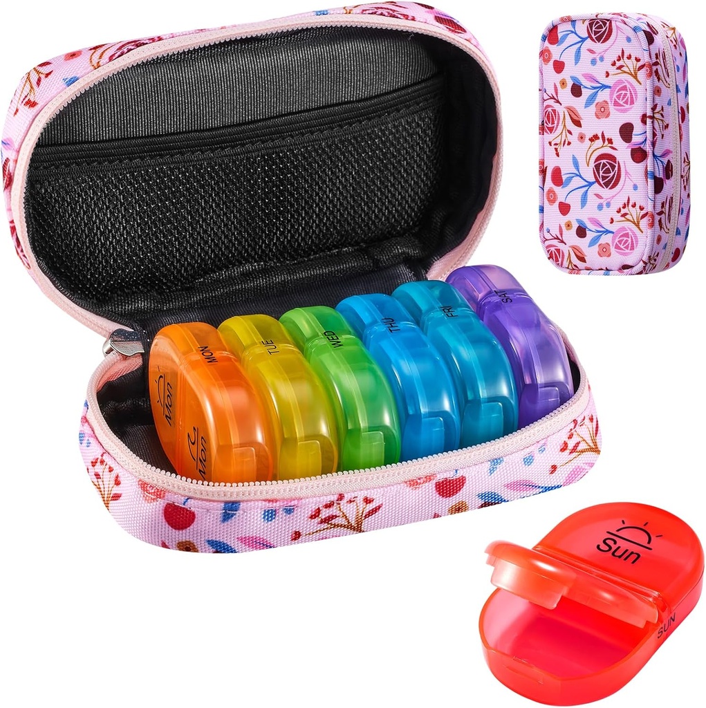 Serfeymi Weekly Travel Pill Organizer 2 fois par jour AM PM Upgraded Rainbow Pill Box 7 Day with Portable Zipper Toile Pill Case, organisateur de médicaments pour les pilules, vitamines, huiles de poisson - Rose 01
