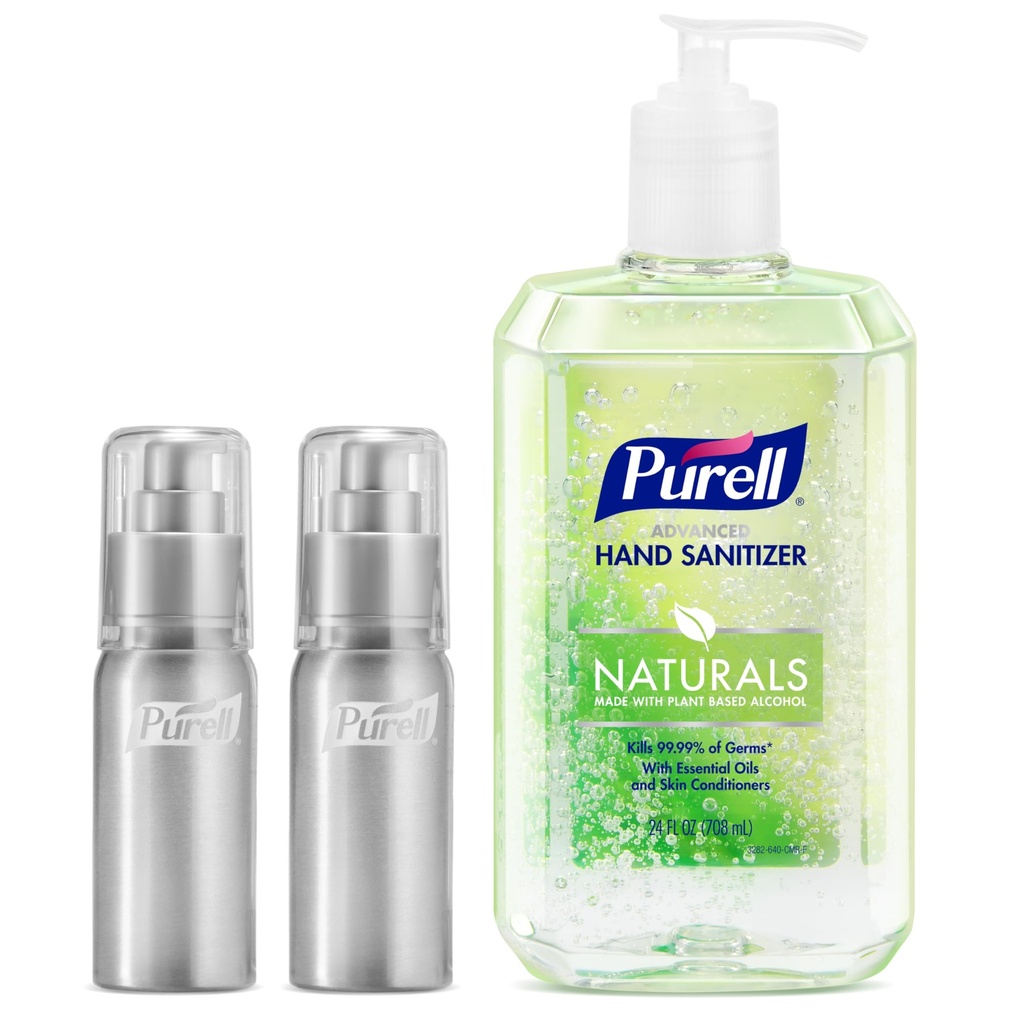 PURELL Advanced Hand Sanitizer Naturals + Refillable Aluminum Bottles, (2) 2 fl oz Travel-Size Bottles (Shipped Empty) and (1) 24 fl oz Refill (Pack of 1) – 3282-12KIT-EC