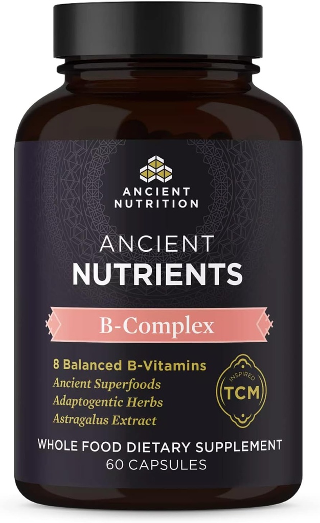 Complément complexe de vitamine B, 8 vitamines B équilibrées, soutient des niveaux d'énergie sains, des herbes adaptogènes, des enzymes activées, paléo & kéto, 60 capsules