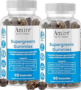 Amire de Dr. Awan Super Greens Gummies, Fruits & Veggies Supplément, Green Superfood pour l'immunité, le métabolisme, la fonction hépatique et le système nerveux, Essentiel 8 Verts, 120ct, 60 jours d'approvisionnement