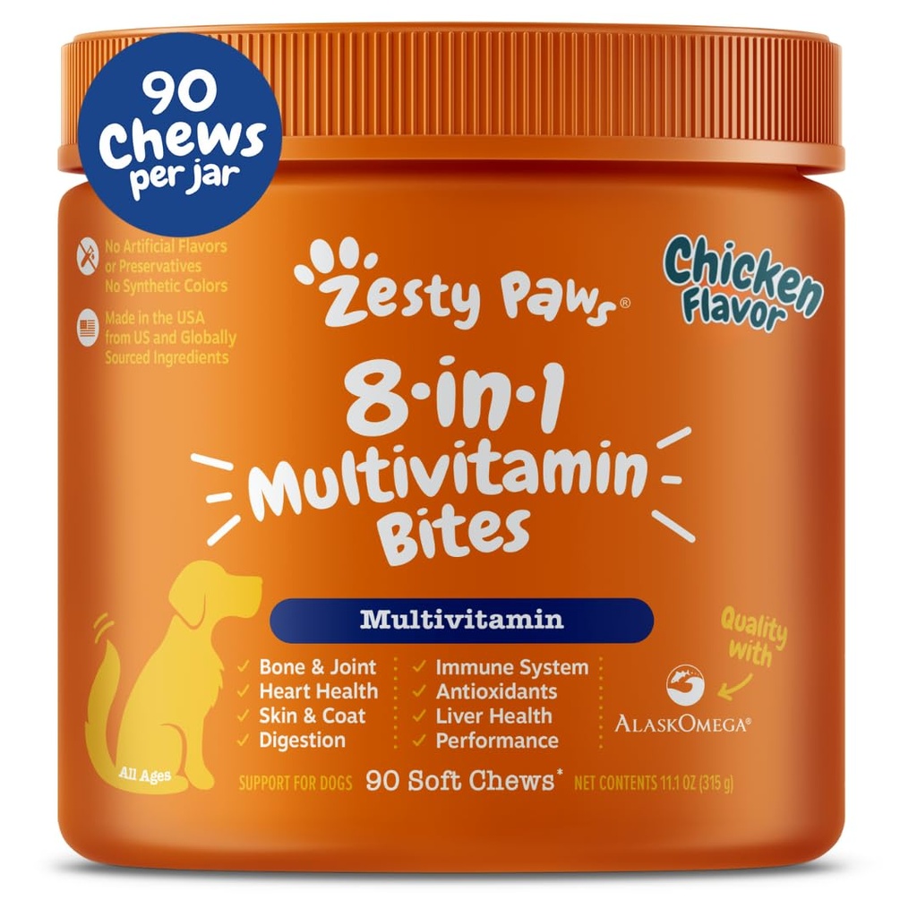 Zesty Paws Dog Multivitamine, Vitamines de chien à croquer et suppléments pour la hanche et les articulations, la peau et le manteau, Omega 3 Huile de poisson pour chiens- Senior & Puppy Multivitamine- Poulet- 90ct