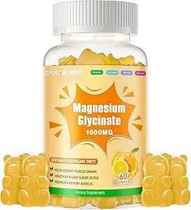 Glycinat de magnésium Gommies 1000mg - Supplément de potassium de magnésium sans sucre avec vitamine D, B6, CoQ10 pour l'humeur calme et le soutien du sommeil - 60 Gommies d'orange