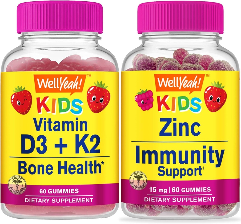 WellYeah Vitamin D3+K2 Kids + Zinc Kids 15mg, Gummies Bundle - Great Tasting, Vitamin Supplement, Gluten Free, GMO Free, Chewable Gummy