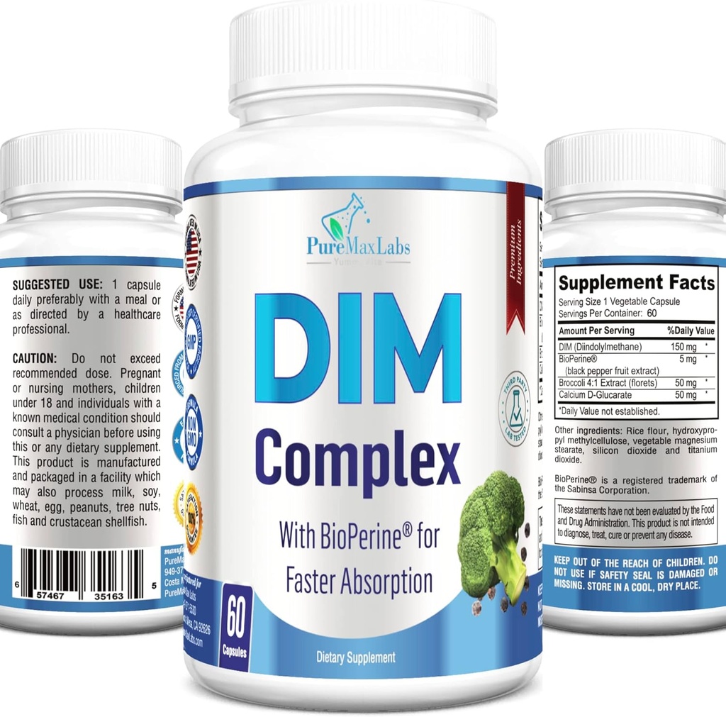 Supplément DIM – 150mg DIM (diindolylméthane), Brocoli, Calcium D-Glucarate et Biopérine - Hormone Balance pour les hommes et les femmes, Estrogen, Menopause Balance - 60 Capsules