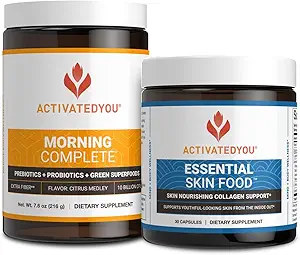 ACTIVATEDYOU matin Prébiotiques complets, probiotiques, Green Superfoods (Citrus Medley) + Collagène de la peau essentielle, soutien à l'élastine, 30 portions